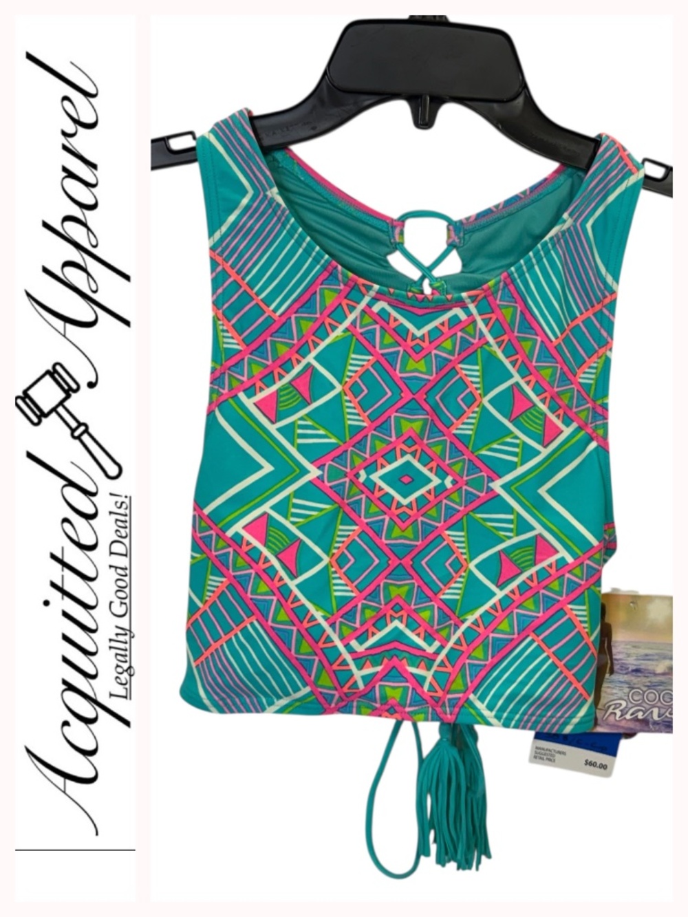 Coco Rave Geometric Print Jade Swimsuit Top With Tie Open Back NWT